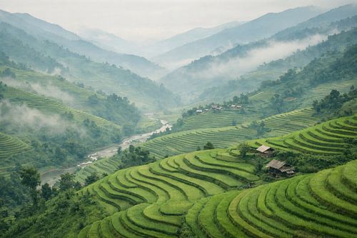 Groene rijstterrassen in de mist – Traditioneel berglandschap in Azië