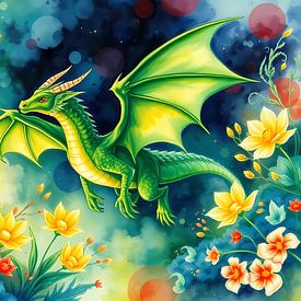 Groene draak met bloemen van Linda de Klein
