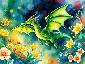 Green dragon with flowers by Linda de Klein