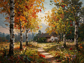 Herbstliche Waldlandschaft mit malerischem Häuschen. von STUDIO ARTSY
