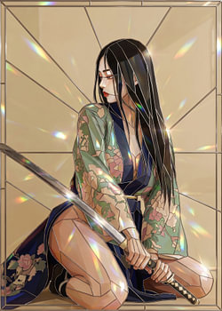 Une femme élégante en kimono, un katana à la main