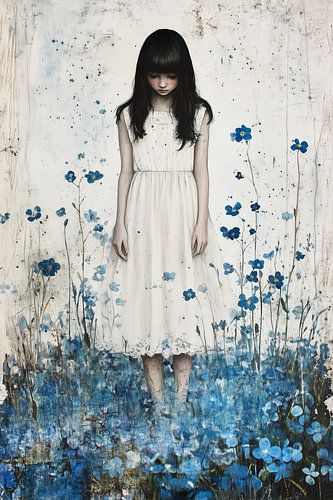 Vergiss die Myrte; Mädchen in weißem Kleid in einem Blumenfeld aus blauen Vergissmeinnicht-Myrten