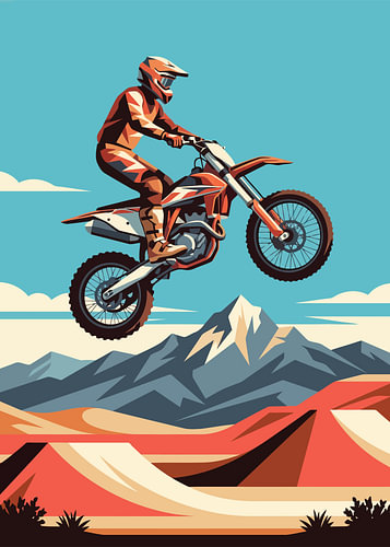 Motocross rider jumps high above sand dunes near snowy mountain