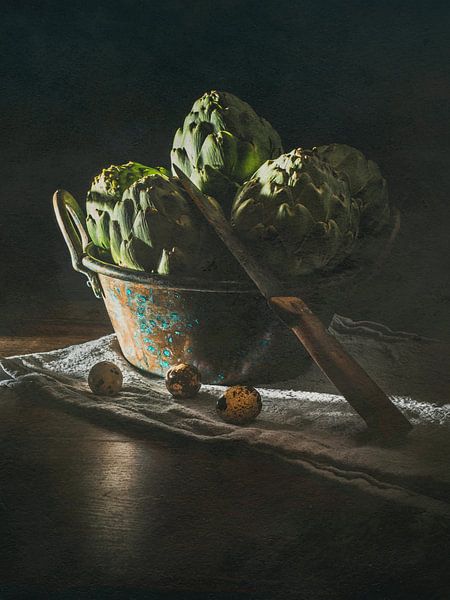 Nature morte avec des artichauts par Miriam Meijer, en pleine campagne.....