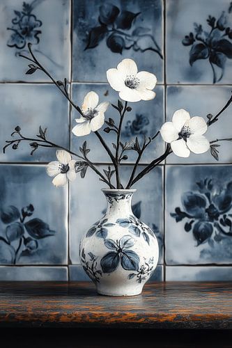 Stilleven Blauwe bloesem in Delfts blauwe vaas