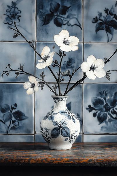 Nature morte Fleur bleue dans un vase bleu de Delft par Digitale Schilderijen