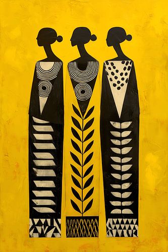 Three figures in ethnic pattern style
