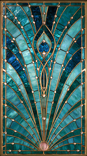 Turquoise Art Deco Glas-in-Lood Schilderij: Pauwenstaart vol Liefde