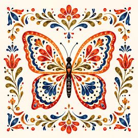 Papillon du folklore scandinave avec des fleurs (IA) (joyeux, symétrie, aquarelle, peinture, carreau)