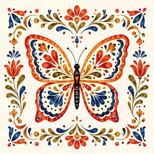 Papillon du folklore scandinave avec des fleurs (IA) (joyeux, symétrie, aquarelle, peinture, carreau)