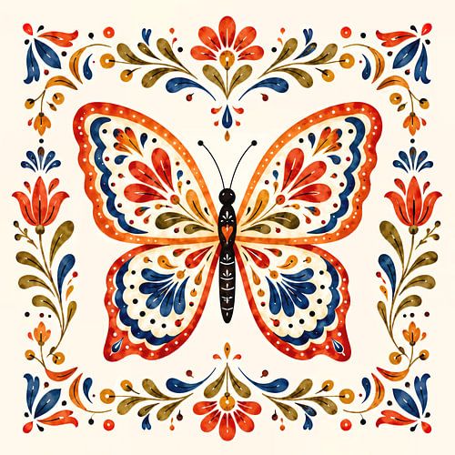 Papillon du folklore scandinave avec des fleurs (IA) (joyeux, symétrie, aquarelle, peinture, carreau)