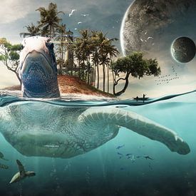 Zeeschildpad met eigen eiland op zijn rug van Bert Hooijer