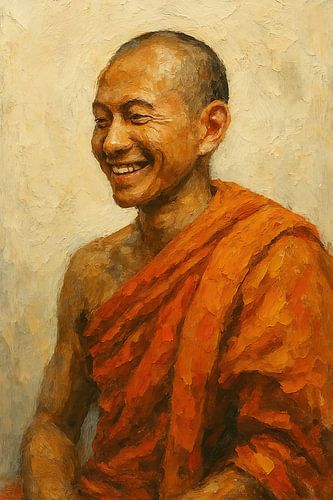 De lach van innerlijke vrede (portret monnik spiritualiteit boeddhisme Azië vreugde)