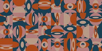 Abstracte retro geometrie in groenblauw, lila, oranje, wit. van Dina Dankers