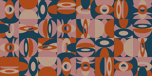 Abstracte retro geometrie in groenblauw, lila, oranje, wit.