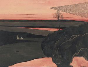 Léon Spilliaert - Landschaft im roten Abendlicht mit Zugvögeln (1919)