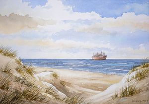 Aquarell mit Blick auf die Dünen, den Strand und ein Frachtschiff auf der niederländischen Wattenmeerinsel Texel.