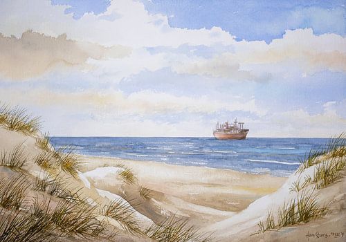 Watercolour showing a view of the dunes, beach and a cargo ship on the Dutch Wadden Sea island of Texel.