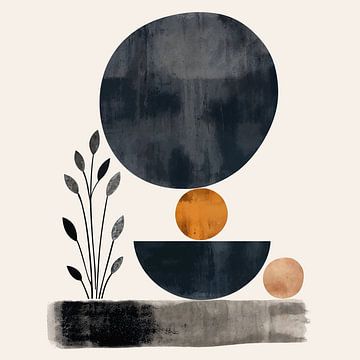 Abstractie - cirkels en plant - taupe grijs - no 2 van Marianne Ottemann - OTTI