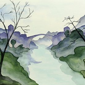 The village by the river (abstract watercolor painting landscape trees bridge church France mountain by Natalie Bruns