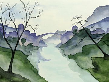 Das Dorf am Fluss (abstrakte Aquarellmalerei Landschaft Bäume Brücke Kirche Frankreich Berge) von Natalie Bruns