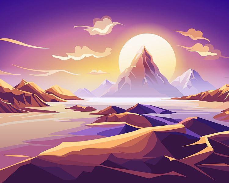 Zonsondergang op de berg van Mixed media vector arts