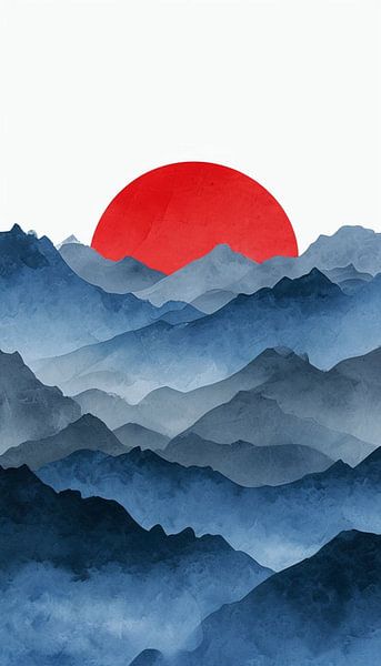 Crimson Dawn Over Misty Indigo Mountains - A Serene Zen Landscape by Artistic