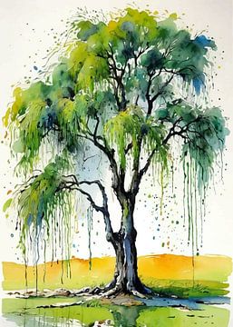 Weidenbaum Aquarell - Fließende ausdrucksstarke Landschaft