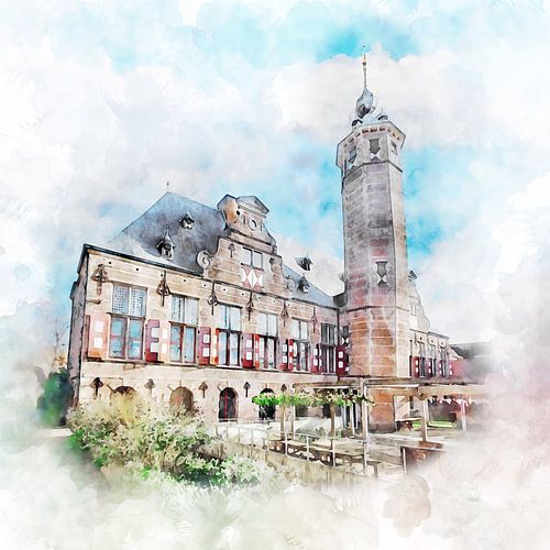 Aquarelschilderij van de achterkant van de Kloveniersdoelen in Middelburg, Zeeland