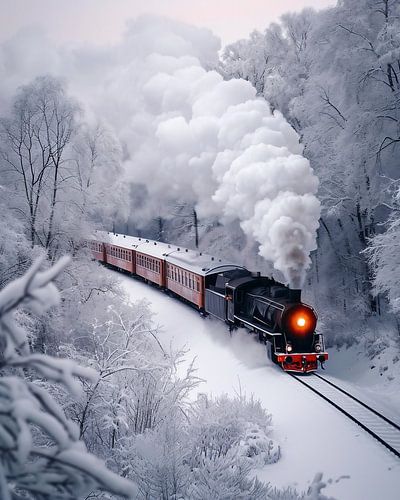 Historic train in the winter forest