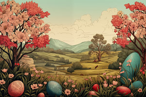 Vintage Frohe Ostern Illustration Hintergrund mit Ostereiern in einer Frühlingslandschaft