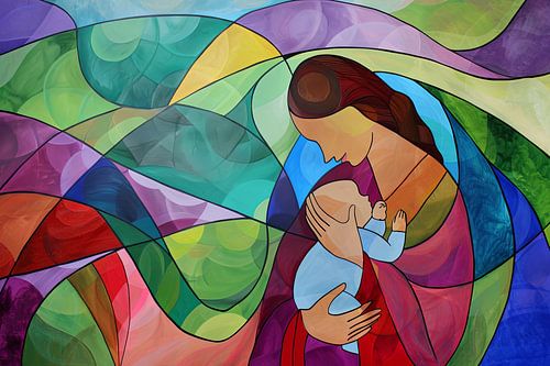 Digitaal abstract schilderachtig portret fictieve vrouw en kind