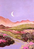 Lilac Sky and Moon Over Flowery Pink Green Fields Landscape