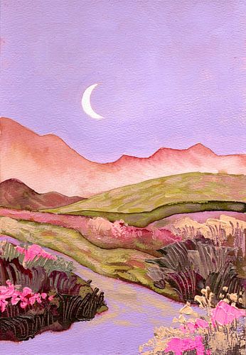 Lilac Sky and Moon Over Flowery Pink Green Fields Landscape by Ekaterina Prisich