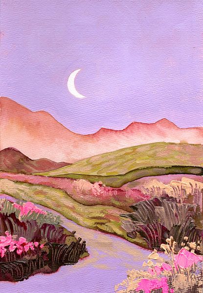 Lilac Sky and Moon Over Flowery Pink Green Fields Landscape by Ekaterina Prisich