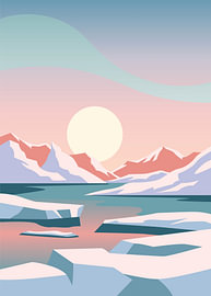 Arktische Landschaft mit schneebedeckten Bergen und Eisbergen bei Sonnenuntergang