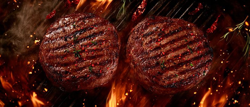 Des galettes de burger juteuses sur le gril par Poster Art Shop