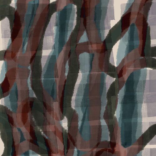 Bruin, groenblauw, grijs. Organische vormen en lijnen in Japandi stijl.