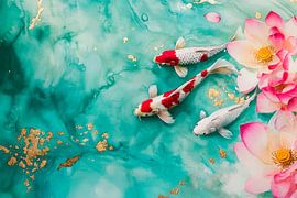 Koi-Fische im Teich mit Lotuspflanzen von Poster Art Shop