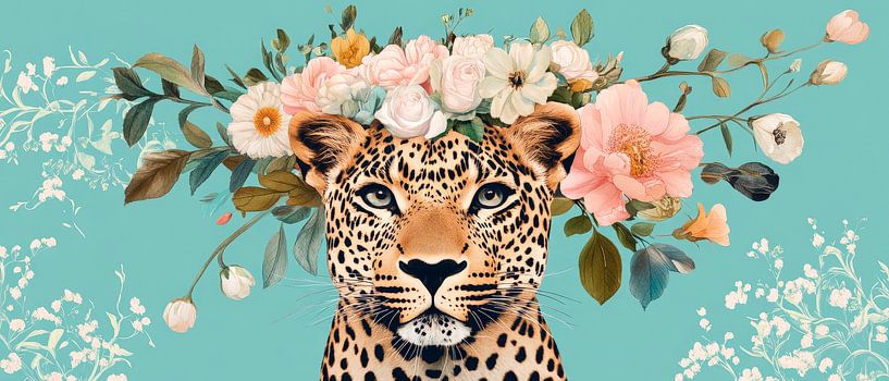 Leopard with floral wreath on turquoise by Poster Art Shop