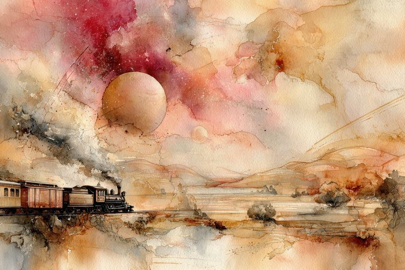 Dampfzug unter rotem Planeten - poetisches Aquarell von Peter Pen Zeichnungen und Gemälde