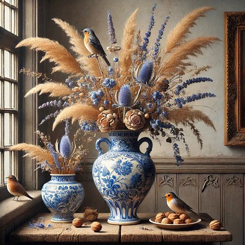 Delfts Blauwe Vazen met Droogbloemen en Roodborstjes op Vensterbank – Klassiek Stil Leven