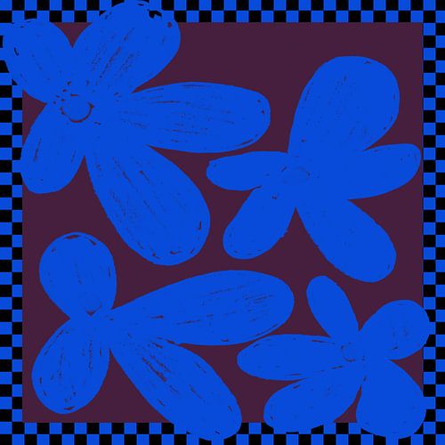 Kobaltblauwe bloemen op wijnrood. Ruitpatroon.