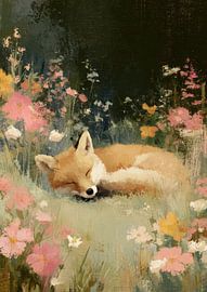 Sleeping Fox Flowers Meadow Oil Painting by Niklas Maximilian