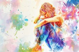 Watercolour painting of a beautiful young woman in an abstract background -  by Peter Pen Drawings and Paintings