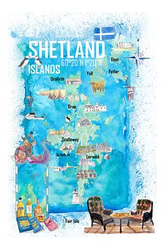 Illustrierte Reisekarte der Shetlandinseln mit touristischen Highlights