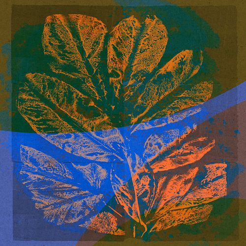 Blad in oranje, kobaltblauw en groen op bruin I. Modern botanisch.