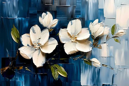 Abstracte witte bloemen op blauwe achtergrond