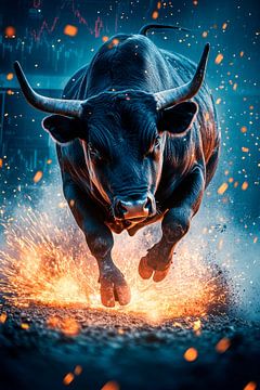 Bull in actie met vonkeffecten van Poster Art Shop