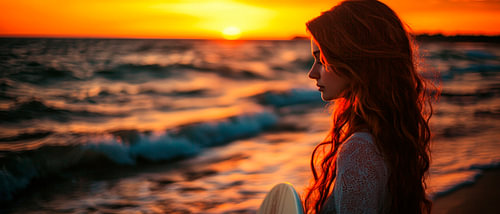 Peinzende vrouw op het strand bij zonsondergang